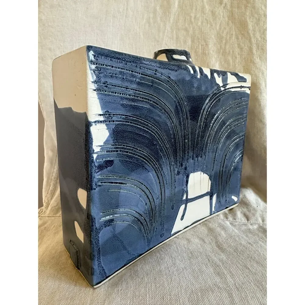 Blue Swirl Vase Rectangle Hand painted signed modern one flower 7x8.5x2.5”Asian